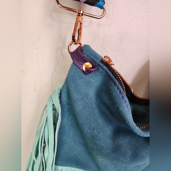 Fort Omotse Teal Leather Fringe Guitar Strap Crossbody - Picture 3 of 11